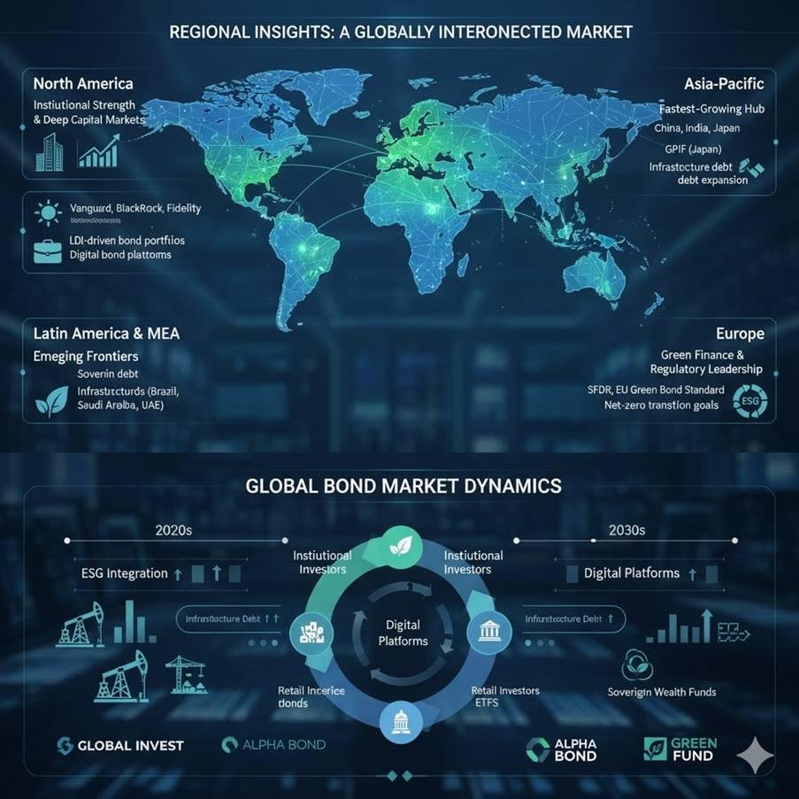 A collage of global landmarks and financial data visualizations representing the worldwide fixed income market, highlighting North America, Europe's green finance, and the fast-growing Asia-Pacific region.