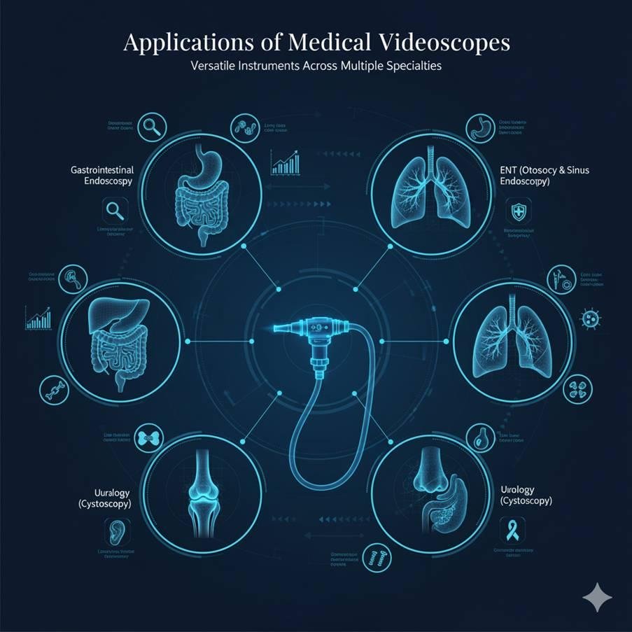 "Diagram showing the applications of a medical videoscope, central to a circle of specialties: Gastrointestinal Endoscopy, Laparoscopy, ENT (Otoscopy & Sinus Endoscopy), Urology (Cystoscopy), Arthroscopy, and Bronchoscopy, each paired with an illustration of the relevant internal organ."