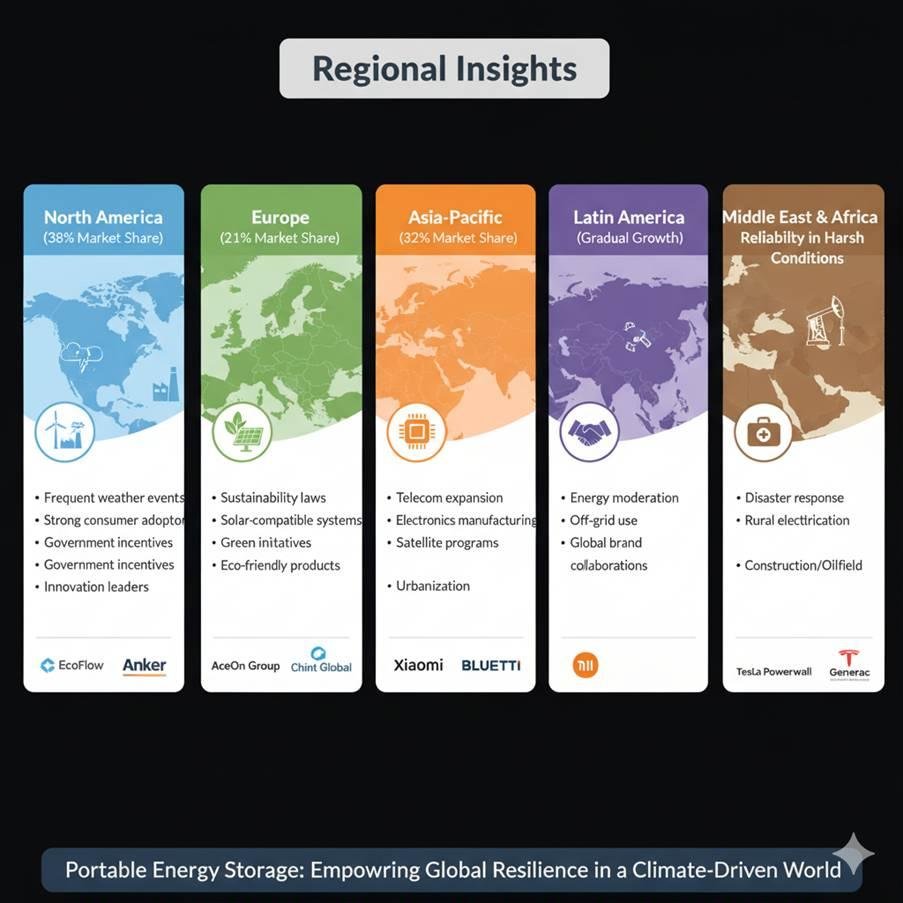 Image detailing the regional insights for the Portable Emergency Energy Storage market, showing North America (38%) leading due to preparedness, Europe (21%) focusing on sustainability, Asia-Pacific (32%) as the fastest-growing region, along with growth factors for Latin America and the Middle East & Africa.