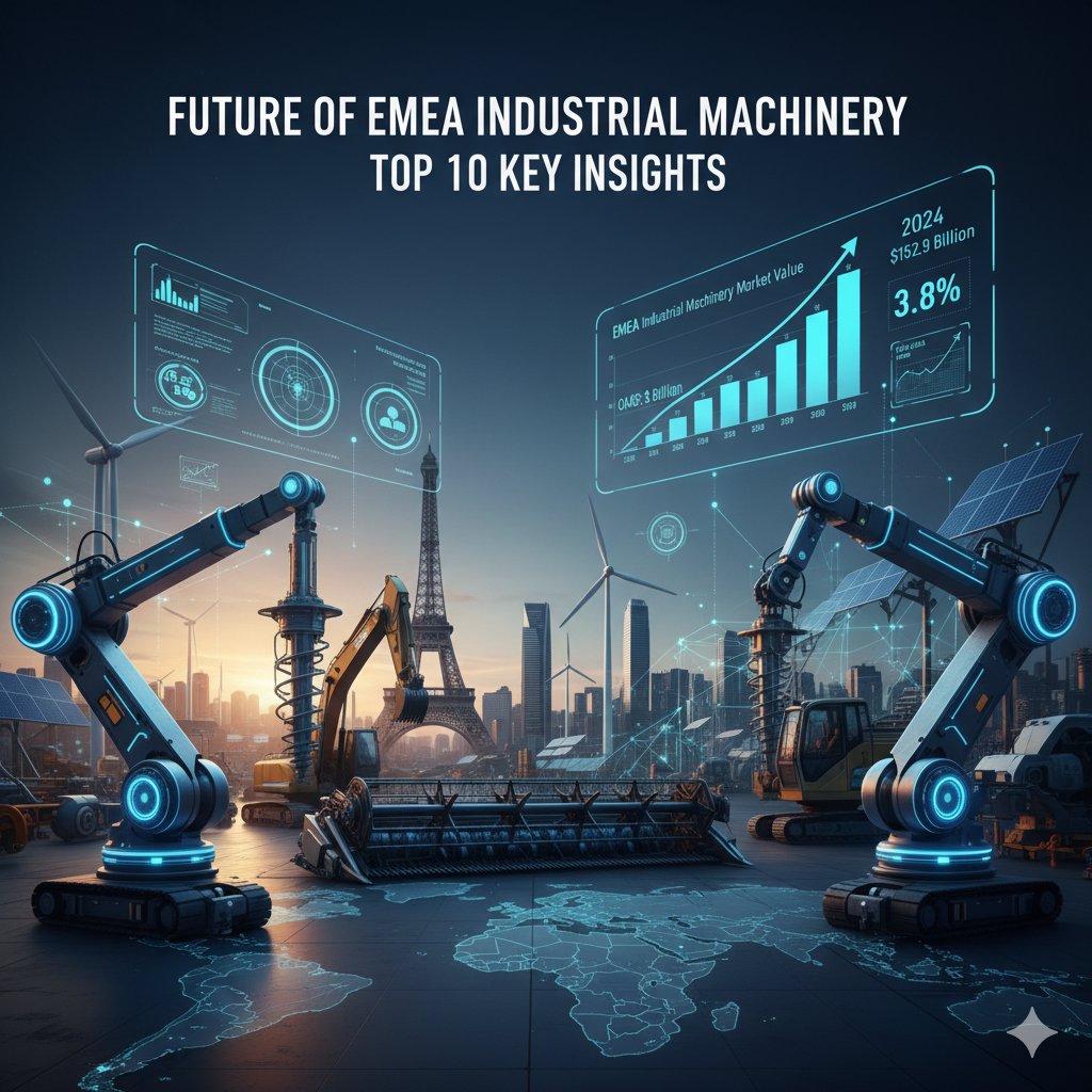 The Future of EMEA Industrial Machinery: The market, valued at $152.9 billion in 2024, is set to reach $206 billion by 2032 (3.8% CAGR). This growth is driven by the rapid adoption of robotics, AI, and smart manufacturing across Europe, the Middle East, and Africa.