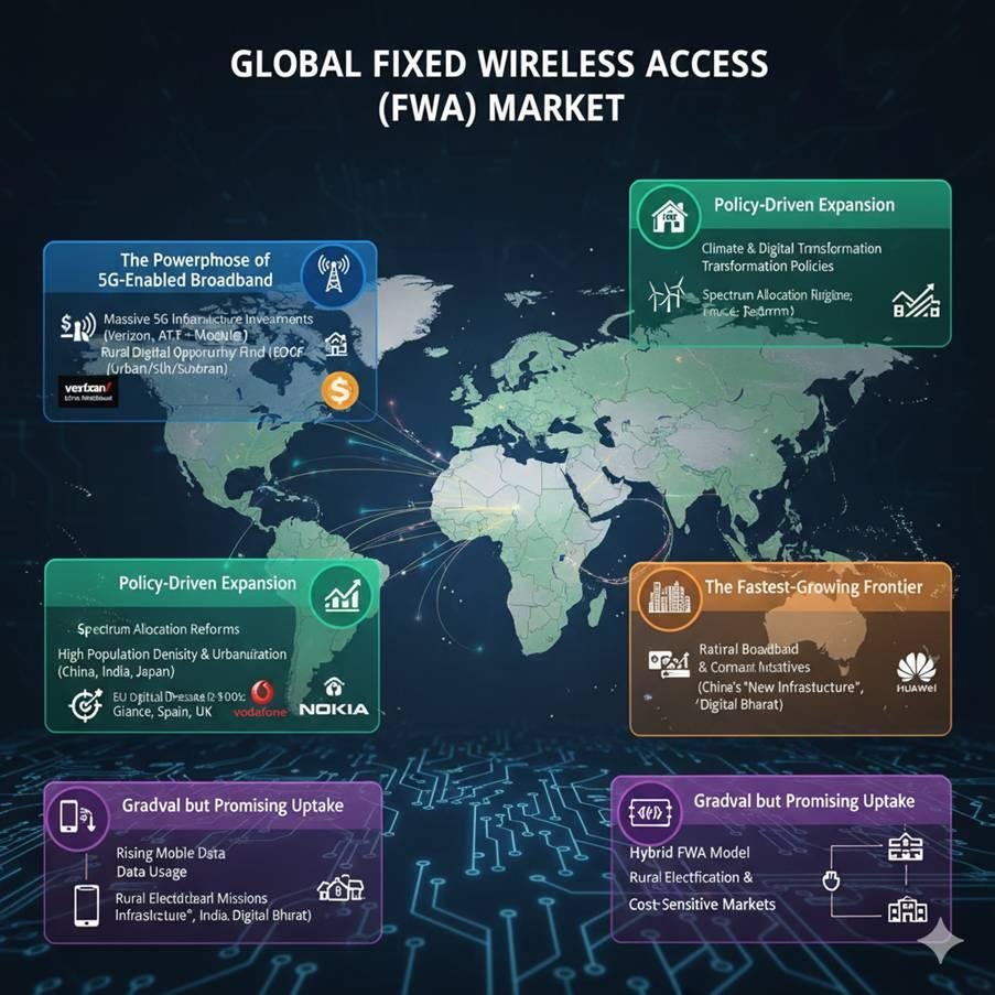 An illustrative world map and infographic showing the Global Fixed Wireless Access (FWA) Market dynamics across four regions: North America (Powerhouse of 5G-Enabled Broadband), Europe (Policy-Driven Expansion), Asia-Pacific (The Fastest-Growing Frontier), and Latin America and MEA (Gradual but Promising Uptake)