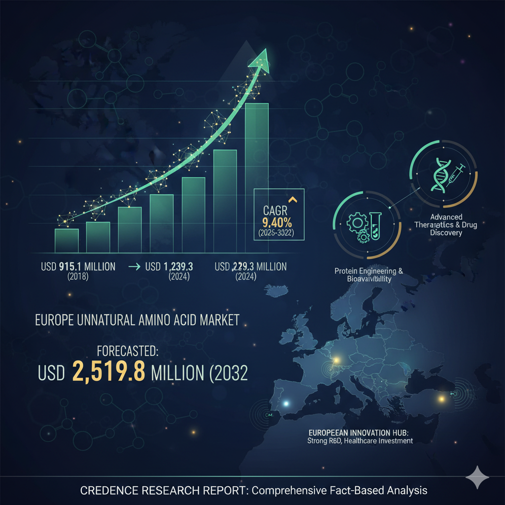 Infographic illustrating the strong growth of the Europe Unnatural Amino Acid Market, showing market value escalating from USD 915.1 million (2018) to a forecasted USD 2,519.8 million by 2032, driven by a 9.40% CAGR, with icons representing key drivers like Advanced Therapeutics, Drug Discovery, and Protein Engineering across a map of Europe.