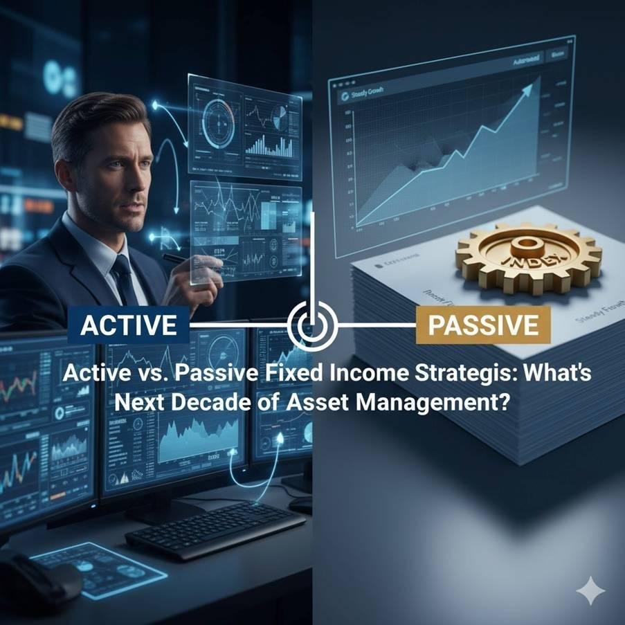 A conceptual image comparing two investment strategies: a vibrant, dynamic abstract representation of Active Fixed Income on one side, and a stable, structured graphical representation of a market index for Passive Fixed Income on the other, connected by financial data streams.