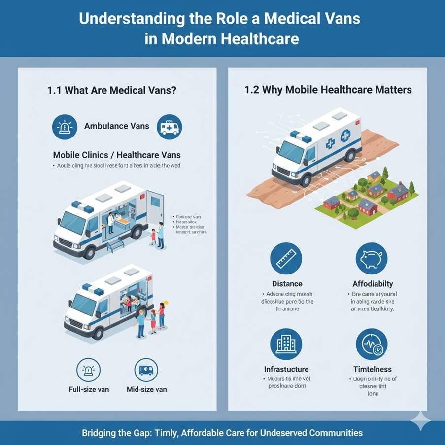 Infographic explaining medical vans, including their types (Ambulance, Mobile Clinics), sizes, and importance in addressing healthcare barriers like distance, affordability, and infrastructure in remote areas.